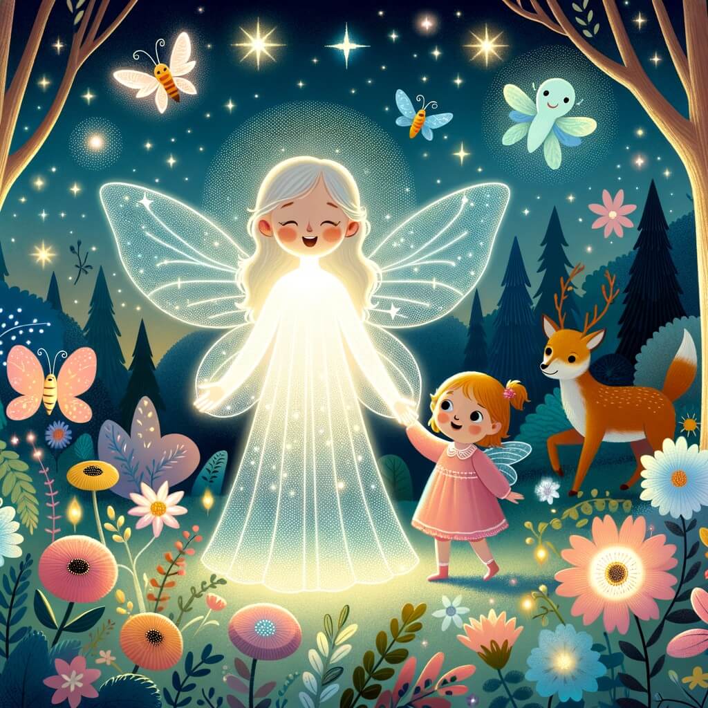 Une illustration destinée aux enfants représentant une fée lumineuse, accompagnée d'une petite fille curieuse, dans une forêt enchantée remplie d'arbres étincelants, de fleurs chantantes et d'animaux magiques.