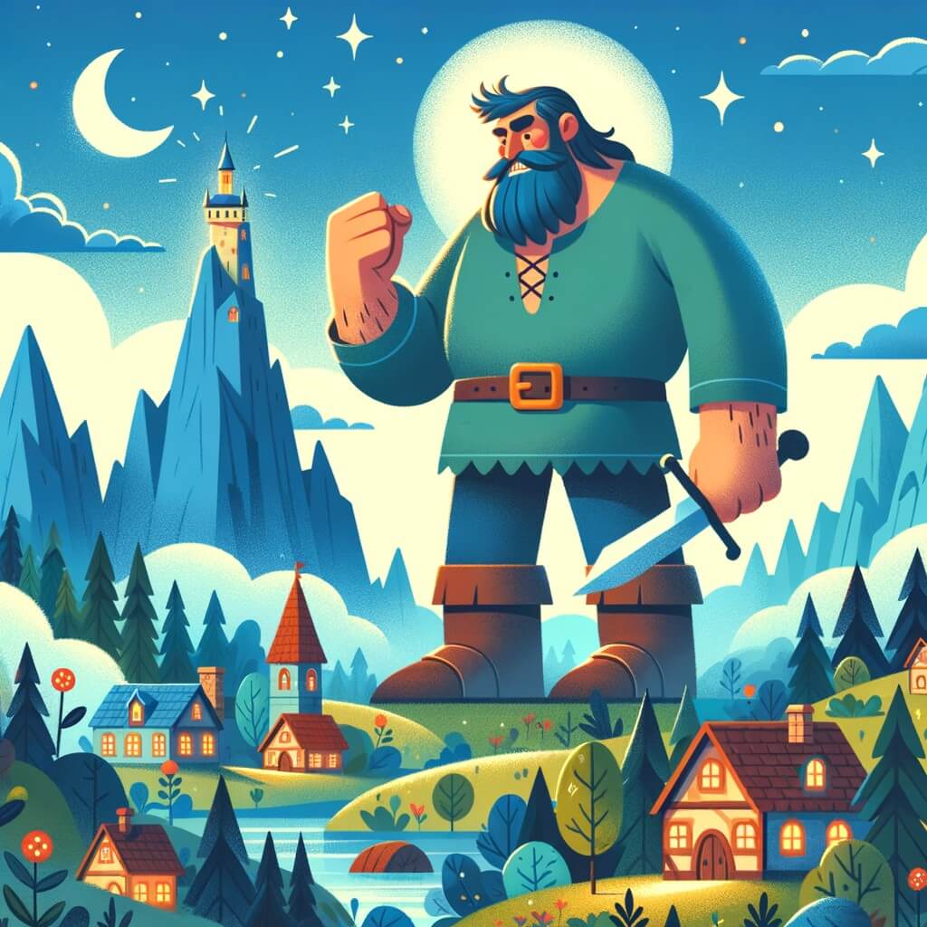 Une illustration pour enfants représentant un géant courageux vivant dans un pays enchanté, confronté à une épreuve ultime pour protéger sa vallée paisible.