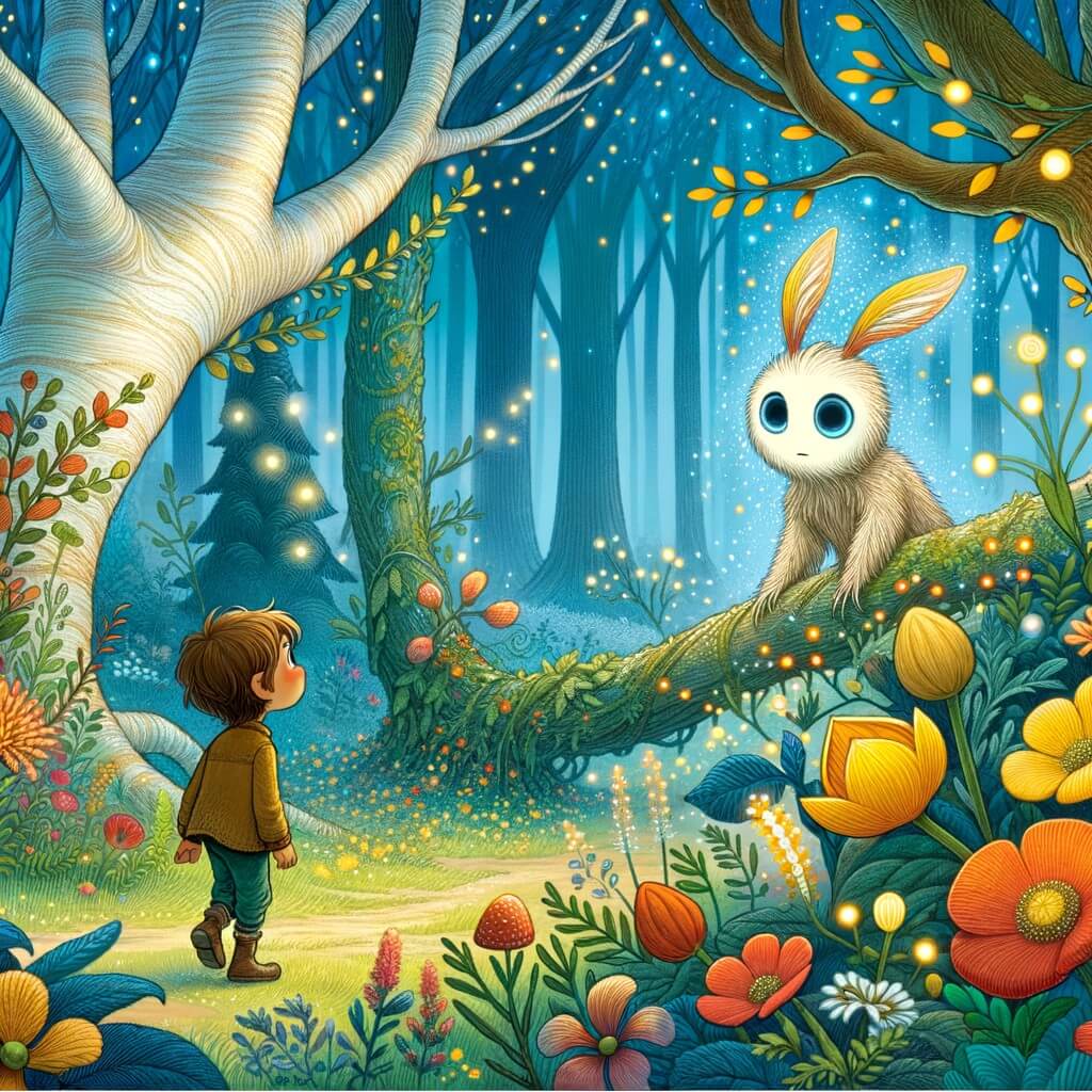 Une illustration destinée aux enfants représentant une adorable créature fantastique, différente des autres, qui rencontre un petit lapin curieux dans une forêt enchantée où les arbres semblent danser et les fleurs briller de mille couleurs.