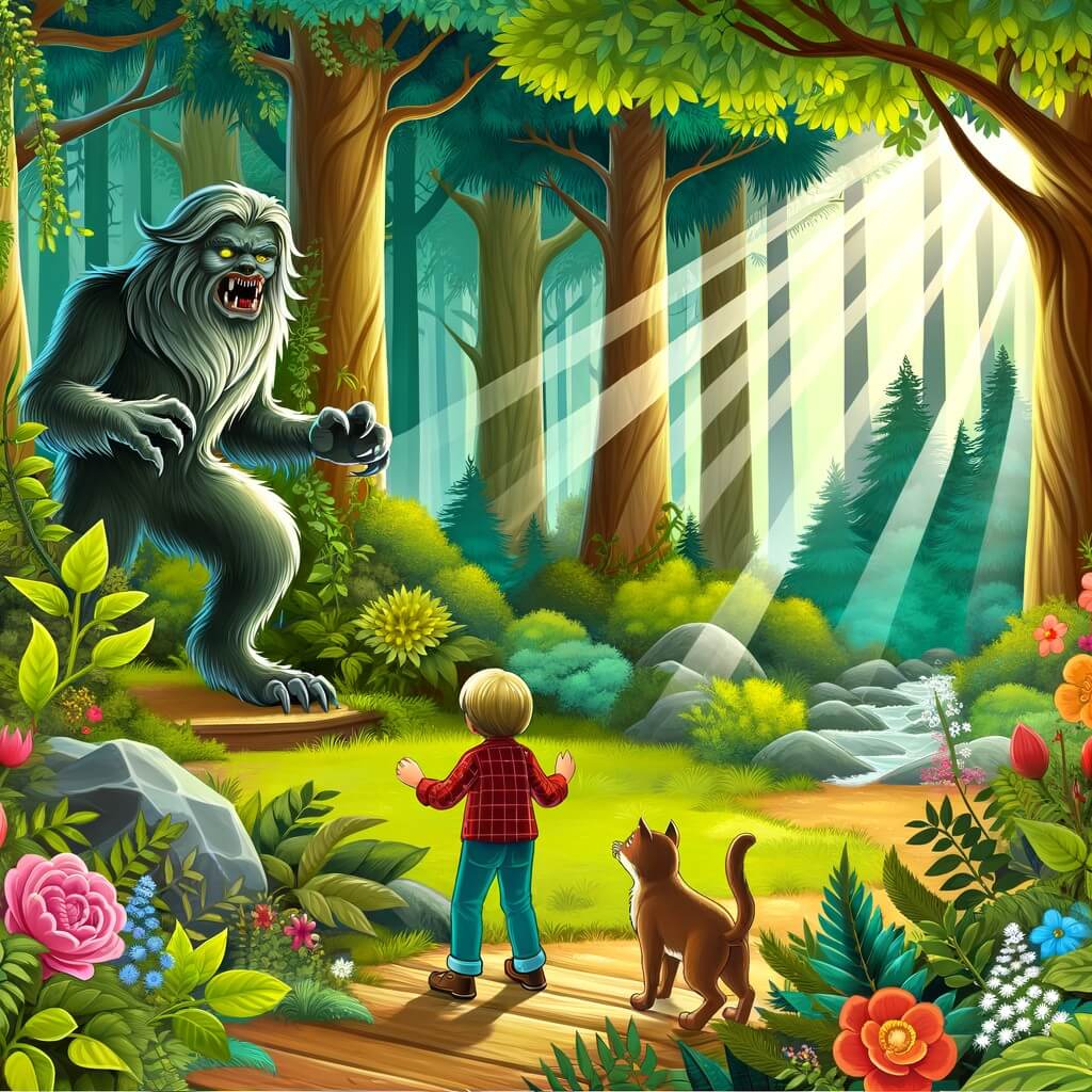 Une illustration pour enfants représentant une créature fantastique effrayante qui vit seule dans une forêt dense, jusqu'à ce qu'elle rencontre un petit garçon courageux et ensemble, ils partent à la recherche d'un chat disparu.