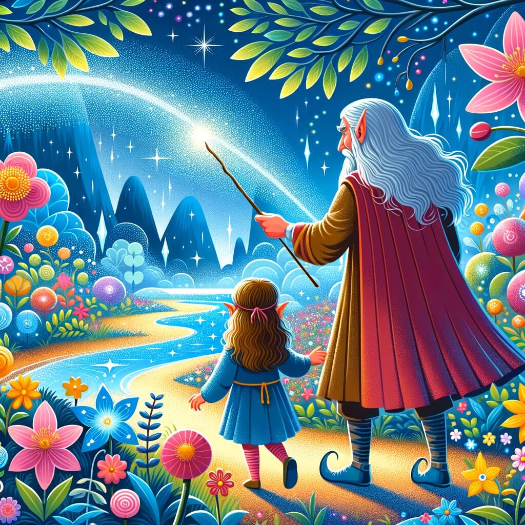 Une illustration destinée aux enfants représentant un elfe mystérieux, accompagné d'une petite fille, dans une clairière magique remplie de fleurs multicolores et d'une rivière scintillante, où ils découvrent une baguette magique légendaire.