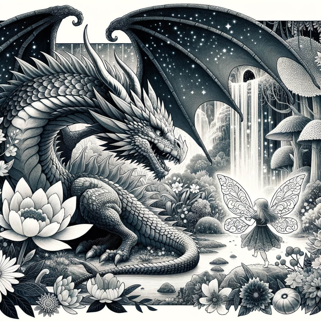 Une illustration pour enfants représentant un dragon solitaire et mélancolique, errant dans une forêt mystérieuse et enchantée.