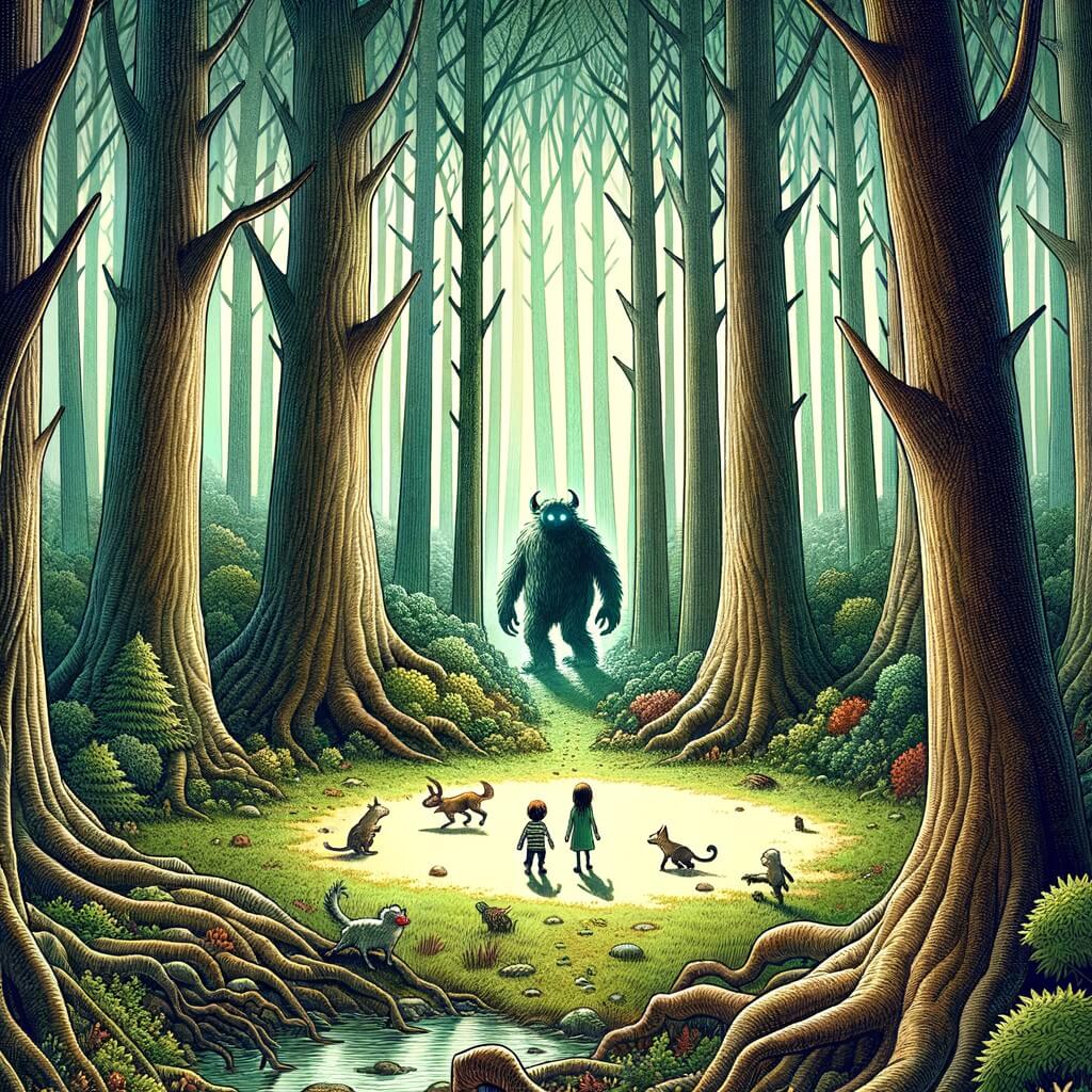 Une illustration destinée aux enfants représentant un monstre solitaire au cœur d'une forêt dense et mystérieuse, découvrant une clairière où se trouvent deux enfants perdus, entourée d'arbres majestueux et habitées par une multitude d'animaux curieux.