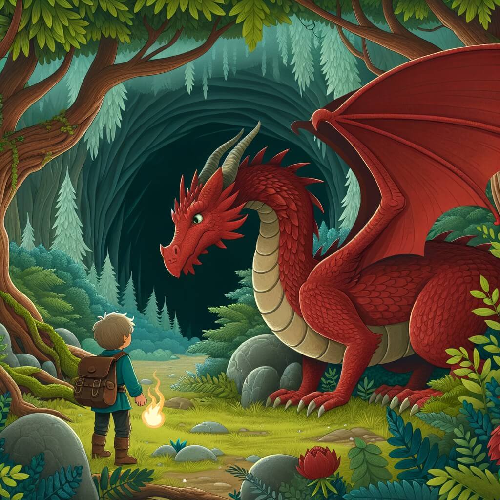 Une illustration destinée aux enfants représentant un majestueux dragon rouge, perdu dans une forêt enchantée, avec pour seule compagnie un jeune garçon intrépide, explorant ensemble une grotte mystérieuse cachée derrière un buisson épais.
