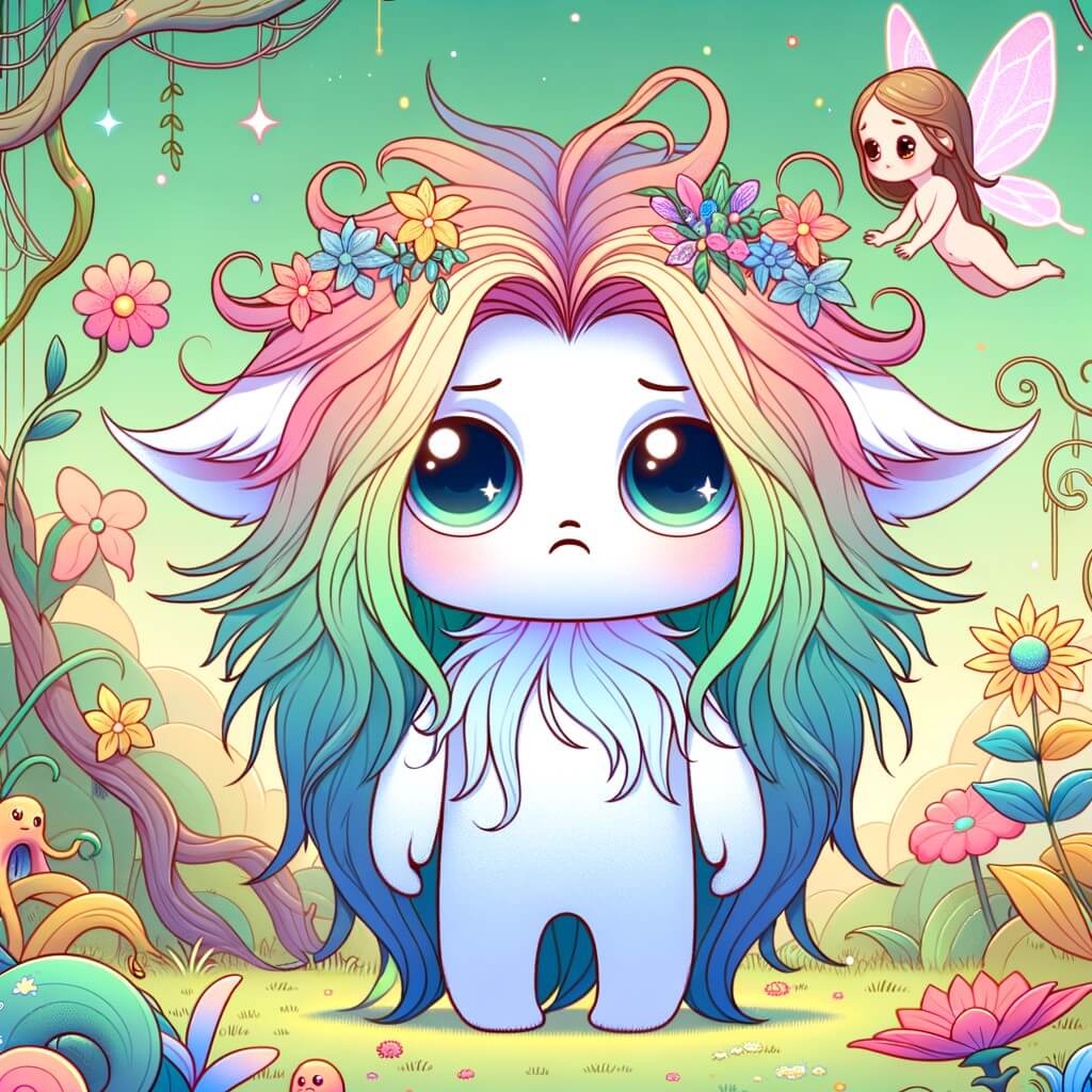 Une illustration destinée aux enfants représentant une adorable créature aux longs cheveux colorés, avec des yeux brillants et un air triste, se trouvant dans une forêt enchantée remplie de fleurs lumineuses et d'animaux curieux, accompagnée d'une petite fée virevoltante.
