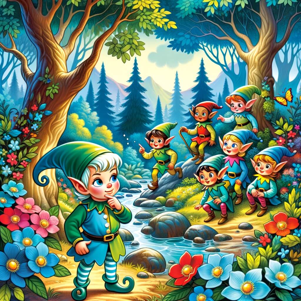 Une illustration destinée aux enfants représentant un lutin curieux se retrouvant dans une forêt mystérieuse, accompagné d'un groupe de lutins espiègles, entourés d'arbres majestueux, de ruisseaux scintillants et de fleurs aux couleurs éclatantes.