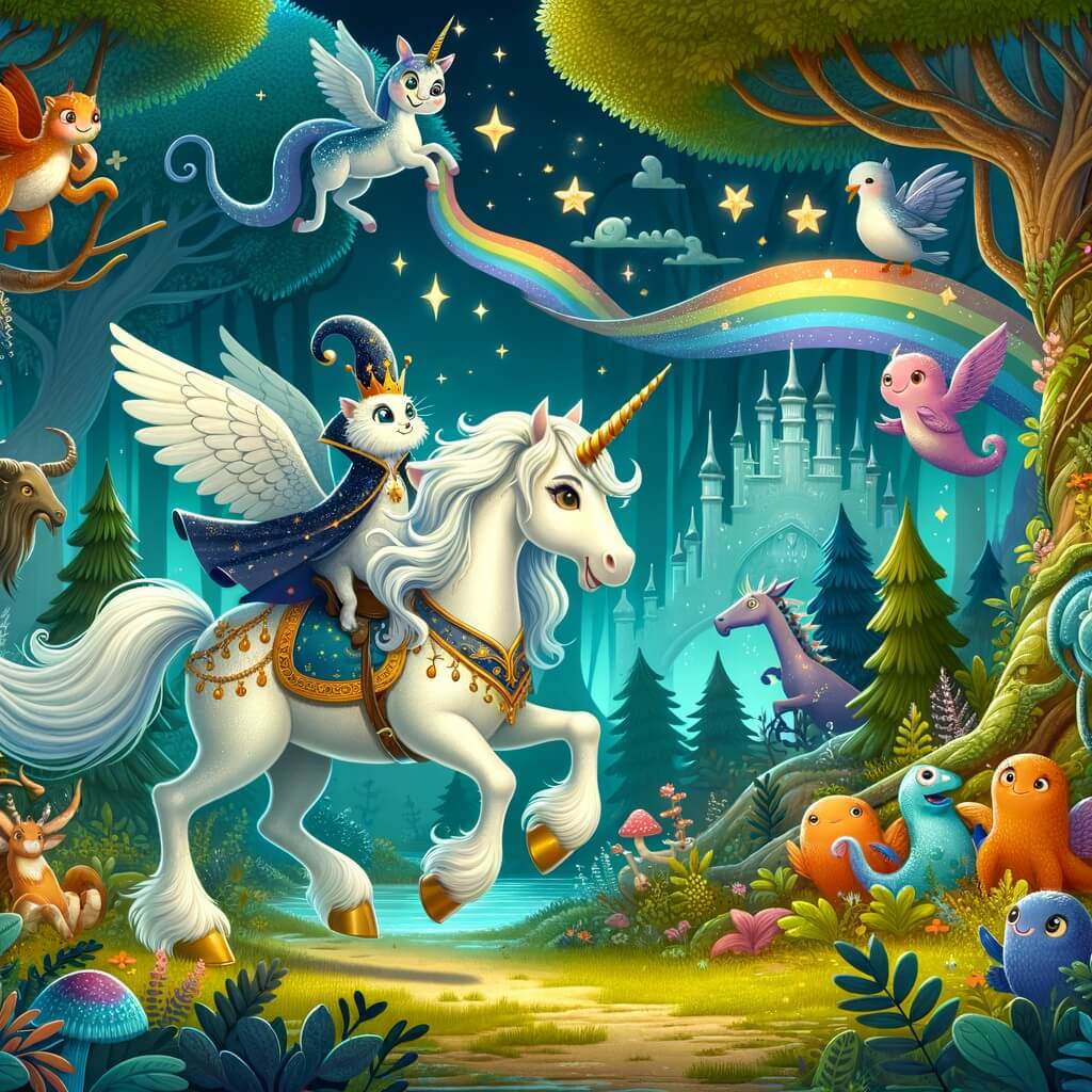 Une illustration pour enfants représentant une licorne majestueuse, dans une forêt enchantée, où elle découvre un royaume magique rempli de créatures fantastiques.