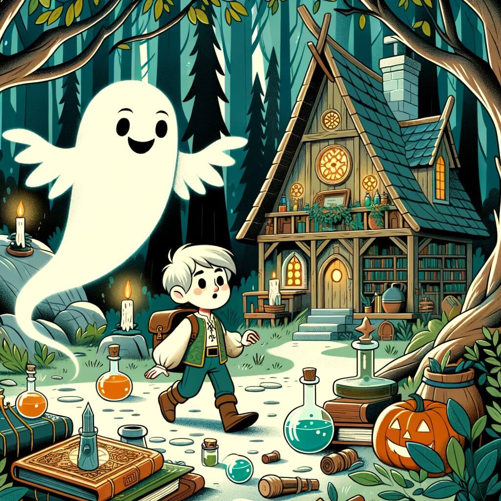 Une illustration destinée aux enfants représentant un fantôme bienveillant, dans une forêt enchantée, accompagné d'un jeune garçon intrépide, découvrant une maison magique remplie de livres, de potions et d'objets mystérieux.