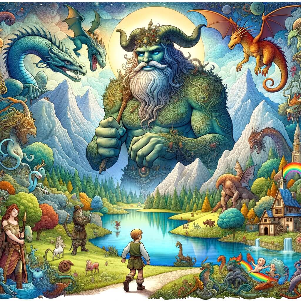 Une illustration pour enfants représentant un géant mystérieux gardant une montagne géante pleine de créatures fantastiques, située au cœur d'une forêt enchantée.