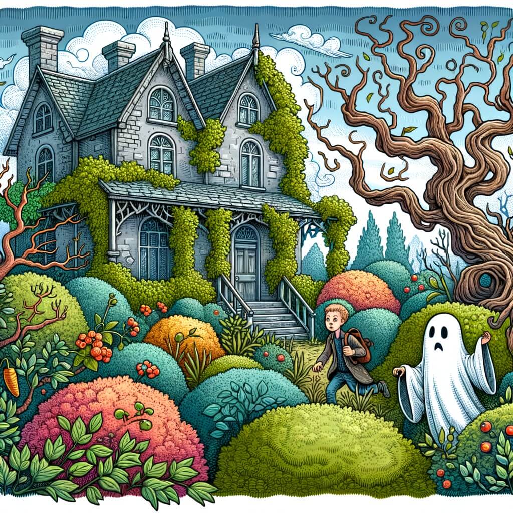 Une illustration destinée aux enfants représentant un fantôme amical qui cherche un objet mystérieux dans une vieille maison entourée de jardins sauvages remplis de buissons touffus et d'arbres majestueux aux branches tordues, dans une ville étrange et inconnue.