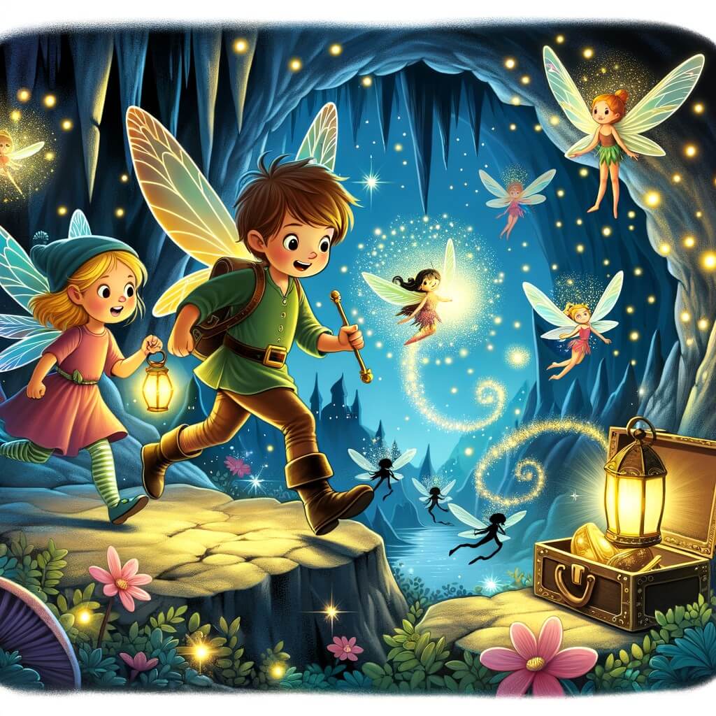 Une illustration pour enfants représentant une petite fée courageuse qui découvre un monde magique caché dans la forêt.