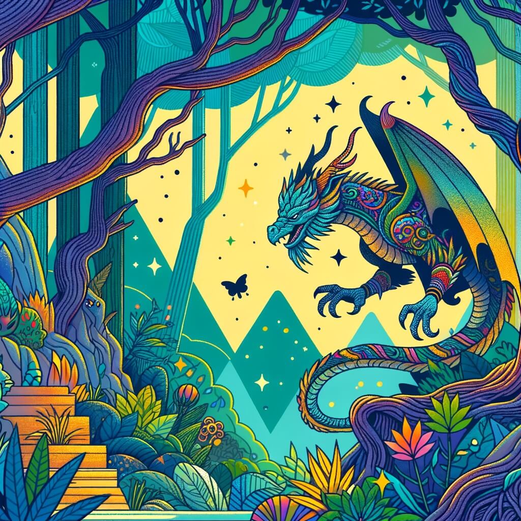 Une illustration pour enfants représentant une créature fantastique, gentille mais effrayante, qui se retrouve au cœur d'une aventure magique dans une forêt enchantée.