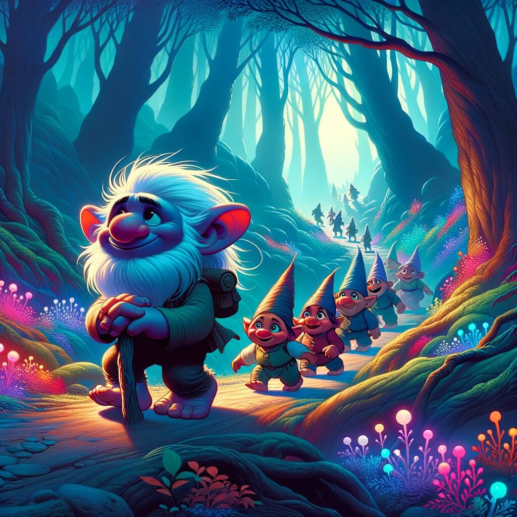 Une illustration pour enfants représentant un troll mystérieux et effrayant qui vit dans une forêt dense et mystérieuse, où un jeune garçon aventurier découvre leur secret magique.