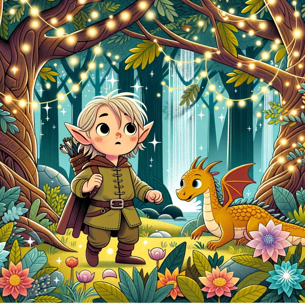 Une illustration destinée aux enfants représentant un elfe curieux et courageux, accompagné d'un petit dragon joueur, explorant une forêt enchantée avec des arbres aux feuilles chatoyantes, des fleurs lumineuses et des cascades scintillantes.