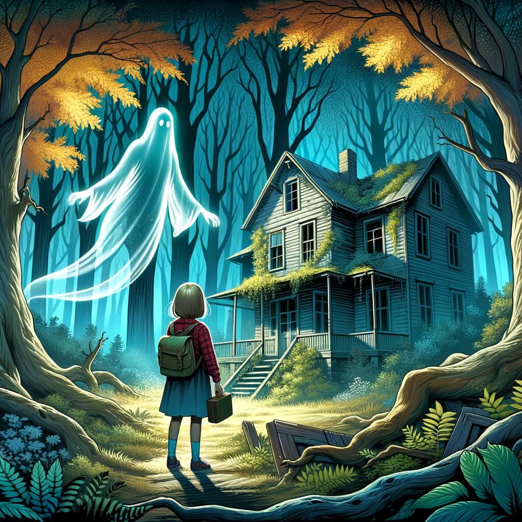Une illustration destinée aux enfants représentant une silhouette translucide flottant dans une vieille maison abandonnée, accompagnée d'une jeune fille curieuse, dans une forêt dense avec des arbres majestueux et des feuilles chatoyantes.