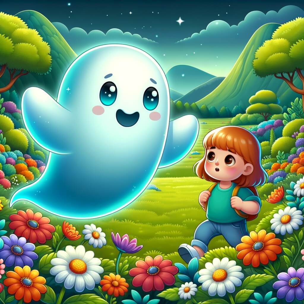 Une illustration destinée aux enfants représentant un fantôme curieux et lumineux, accompagné d'une petite fille, explorant une vallée verdoyante remplie de fleurs colorées, à la recherche des amis disparus du fantôme.