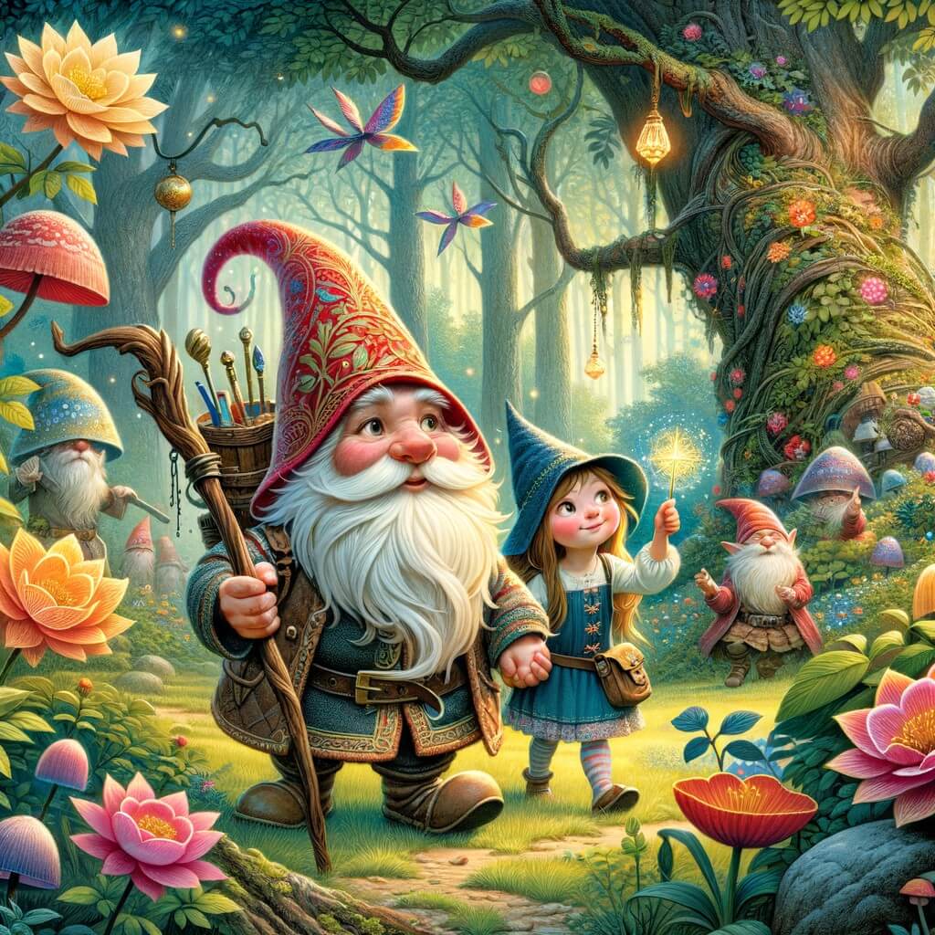 Une illustration pour enfants représentant un petit lutin effrayé qui rencontre une fillette dans une forêt enchantée et part avec elle à la recherche d'objets magiques dans le monde des lutins.