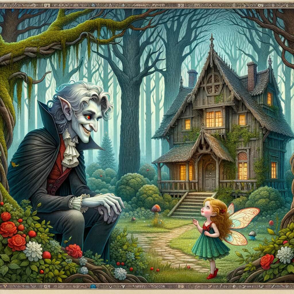 Une illustration pour enfants représentant un vampire gentil découvrant une lueur mystérieuse dans une forêt enchantée.