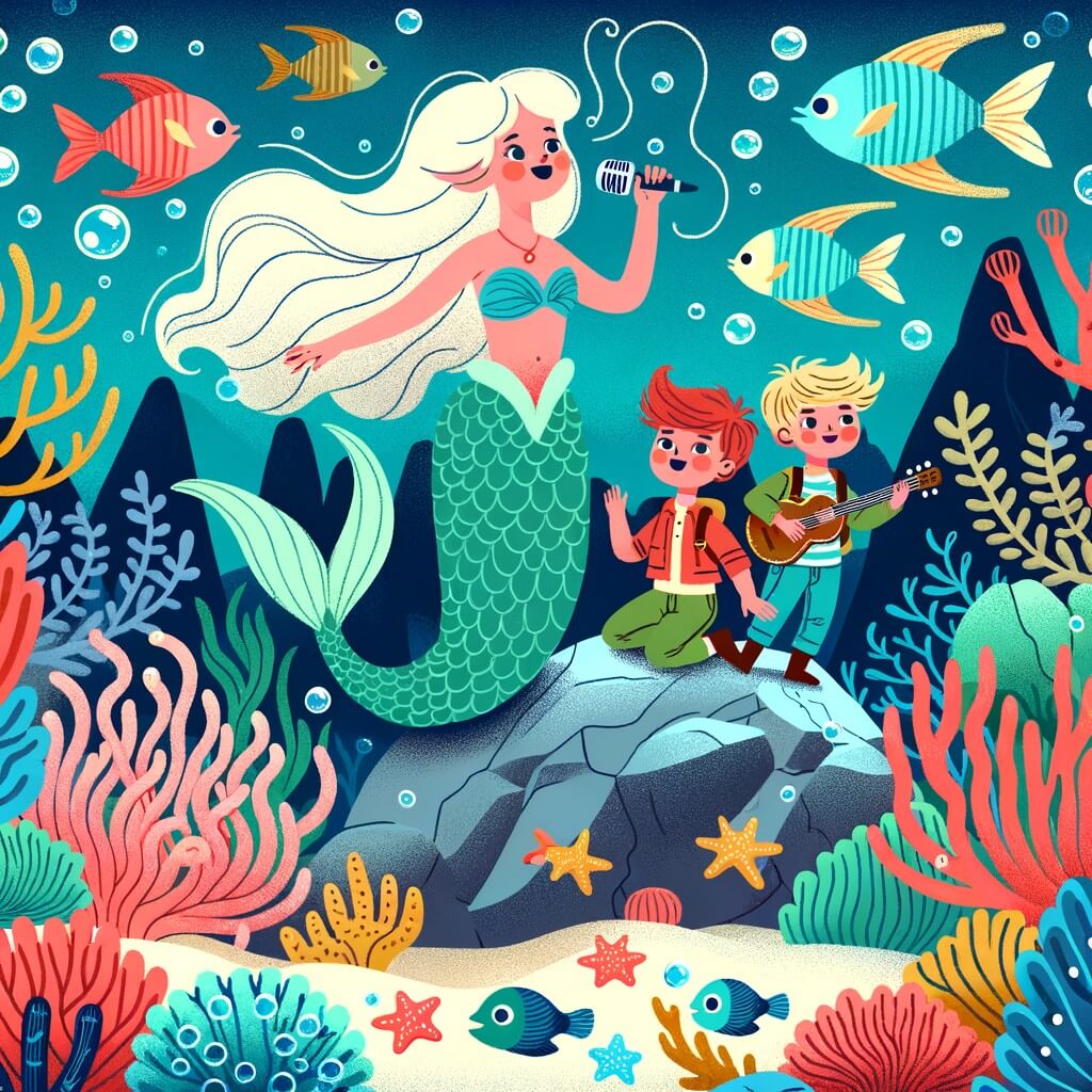 Une illustration pour enfants représentant une magnifique sirène chantant sur un rocher, entraînant deux jeunes aventuriers dans son monde sous-marin rempli de créatures fantastiques, au cœur de l'océan.