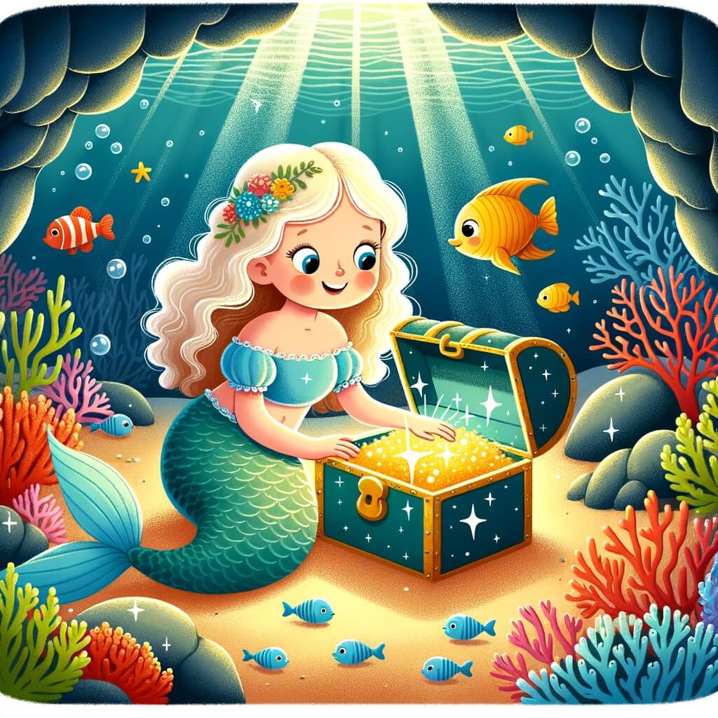 Une illustration destinée aux enfants représentant une magnifique sirène solitaire découvrant un trésor caché avec l'aide d'un petit poisson dans une grotte étincelante au fond de l'océan, entourée de coraux colorés et de poissons tropicaux.