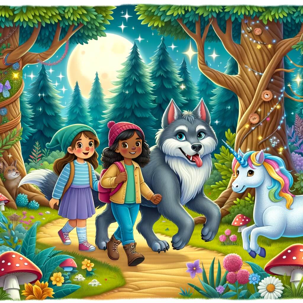 Une illustration destinée aux enfants représentant un loup-garou bienveillant, accompagné de deux amies humaines, explorant une forêt enchantée remplie d'arbres magiques, de champignons lumineux et d'une majestueuse licorne timide.
