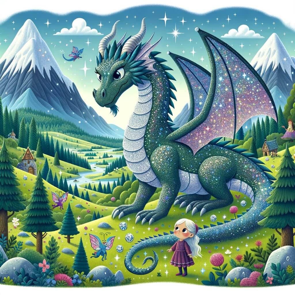 Une illustration pour enfants représentant un dragon étincelant découvrant un monde magique lors d'une aventure palpitante dans une vallée verdoyante.