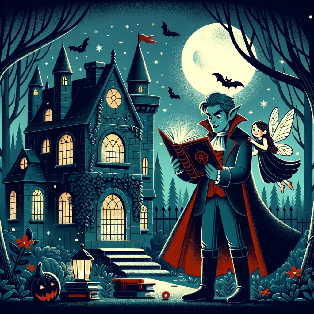 Une illustration pour enfants représentant un vampire solitaire, découvrant un livre mystérieux, dans une forêt enchantée.