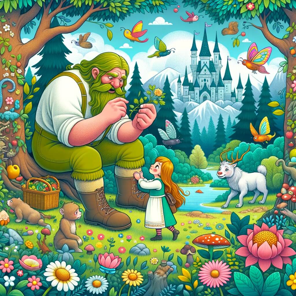 Une illustration destinée aux enfants représentant un géant bienveillant, aidé par une petite fille curieuse, cherchant de la nourriture pour sa famille de géants affamés, dans une forêt enchantée remplie d'arbres majestueux, de fleurs colorées et d'animaux magiques.