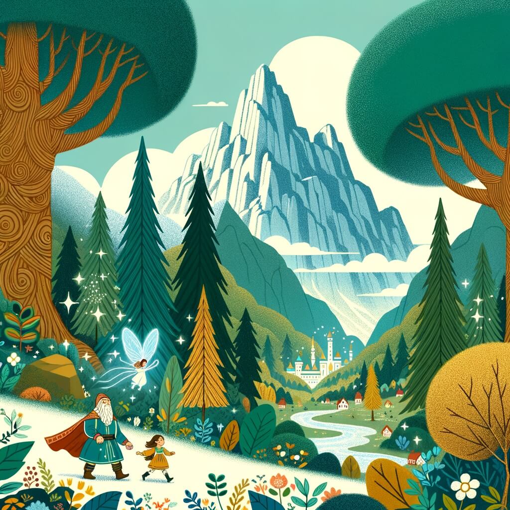 Une illustration destinée aux enfants représentant un géant curieux et bienveillant, accompagné d'une petite fille intrépide et d'une fée étincelante, explorant un royaume magique rempli d'arbres immenses aux feuilles vertes et dorées, entourant une prairie enchantée, avec une montagne gigantesque en toile de fond.