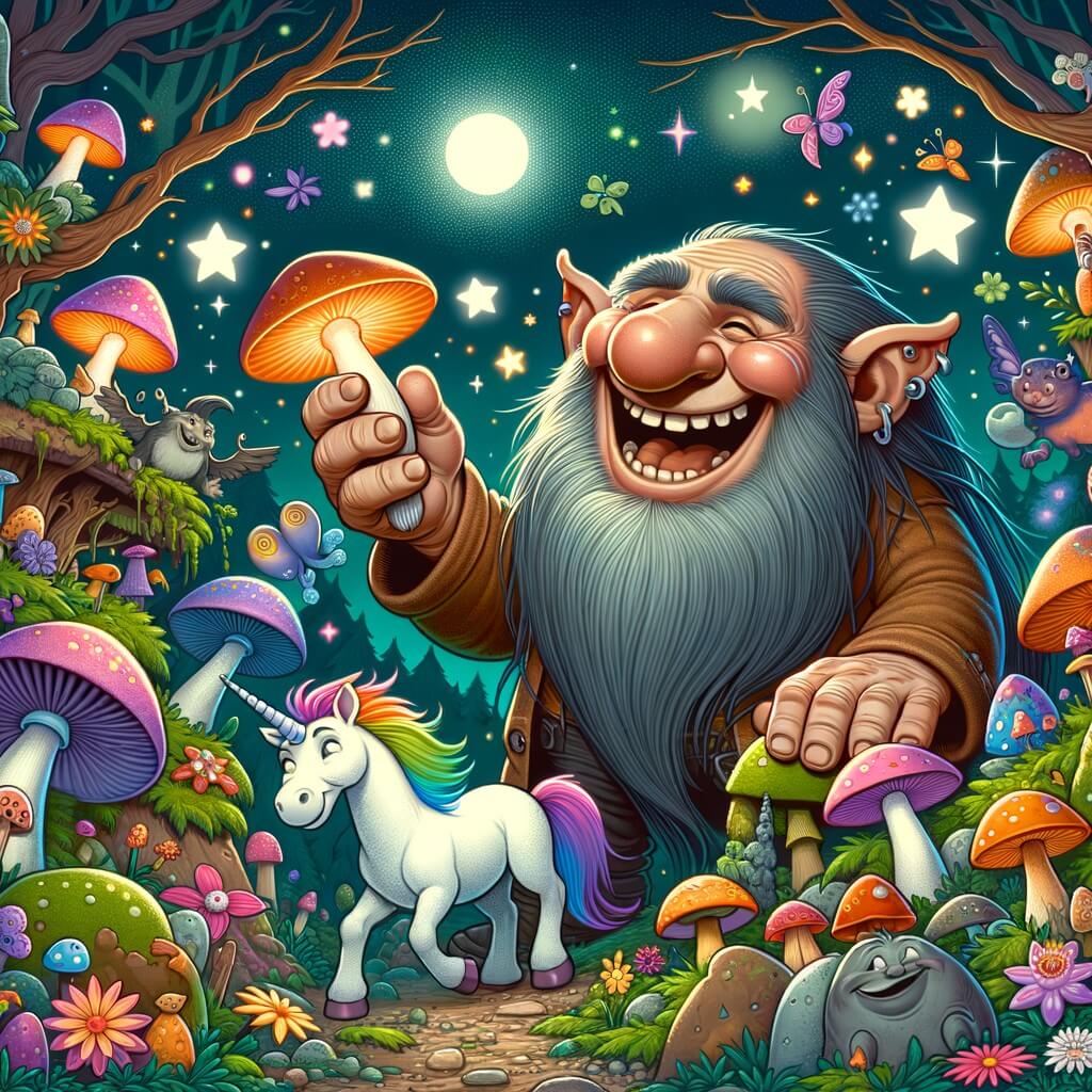Une illustration destinée aux enfants représentant un troll espiègle et jovial, accompagné de sa fidèle licorne, explorant une forêt enchantée remplie de champignons lumineux, de fleurs colorées et d'animaux fantastiques.