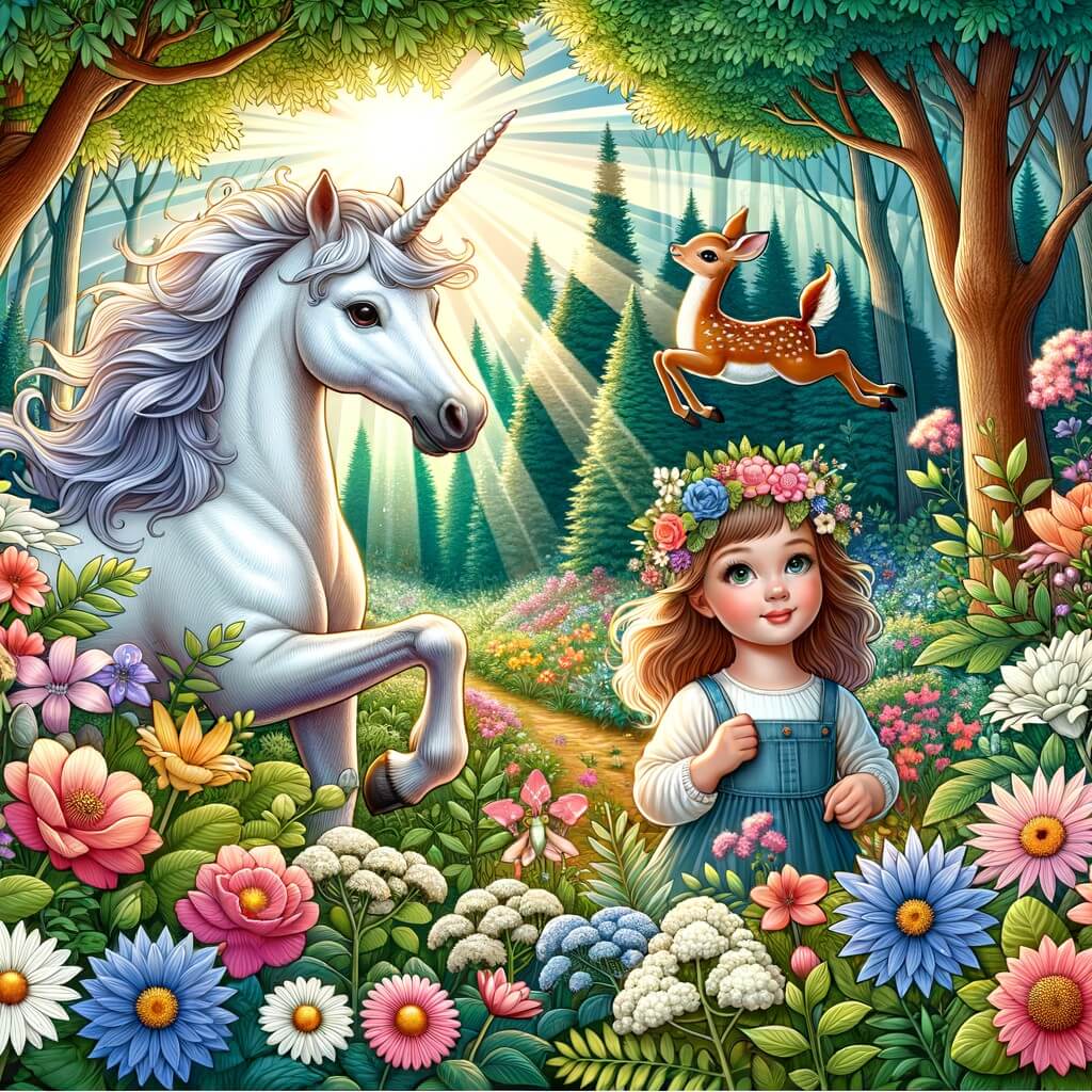 Une illustration pour enfants représentant une licorne magnifique qui vit dans une forêt enchantée et qui rencontre une petite fille curieuse lors d'une promenade.