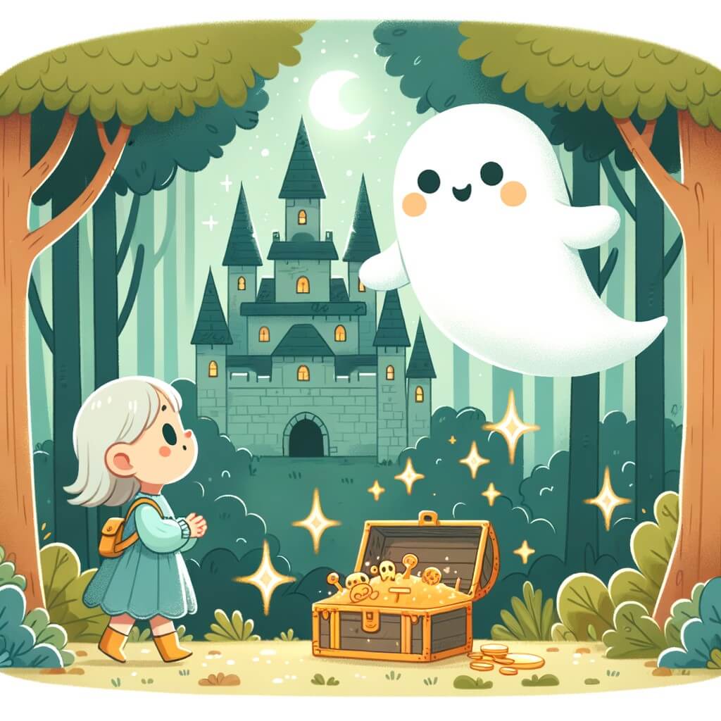 Une illustration destinée aux enfants représentant un adorable fantôme flottant dans une forêt enchantée, faisant la rencontre d'une petite fille curieuse, dans un château abandonné rempli de trésors étincelants et de mystères.