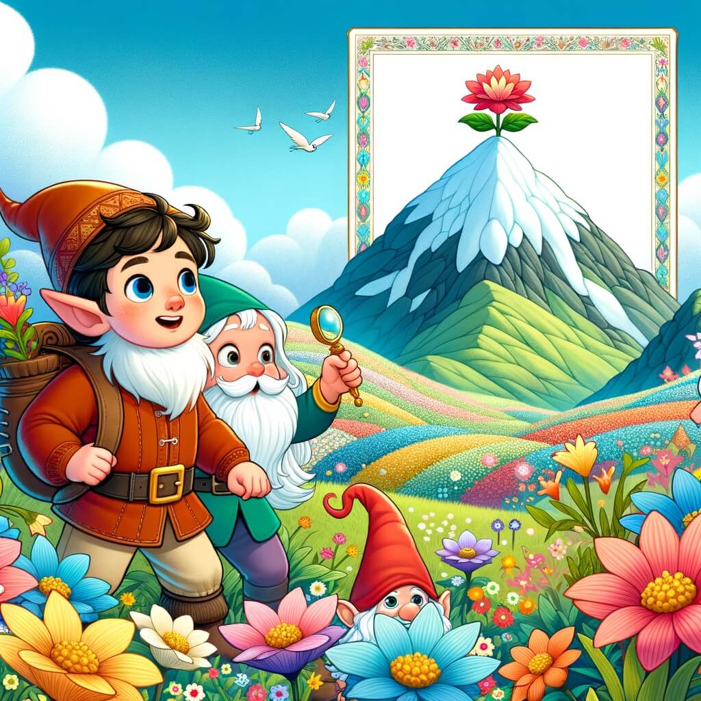 Une illustration destinée aux enfants représentant un(e) elfe curieux(se) qui fait équipe avec un lutin pour trouver une plante magique au sommet d'une montagne enchantée, entourée d'un champ de fleurs multicolores et peuplée de créatures fantastiques.