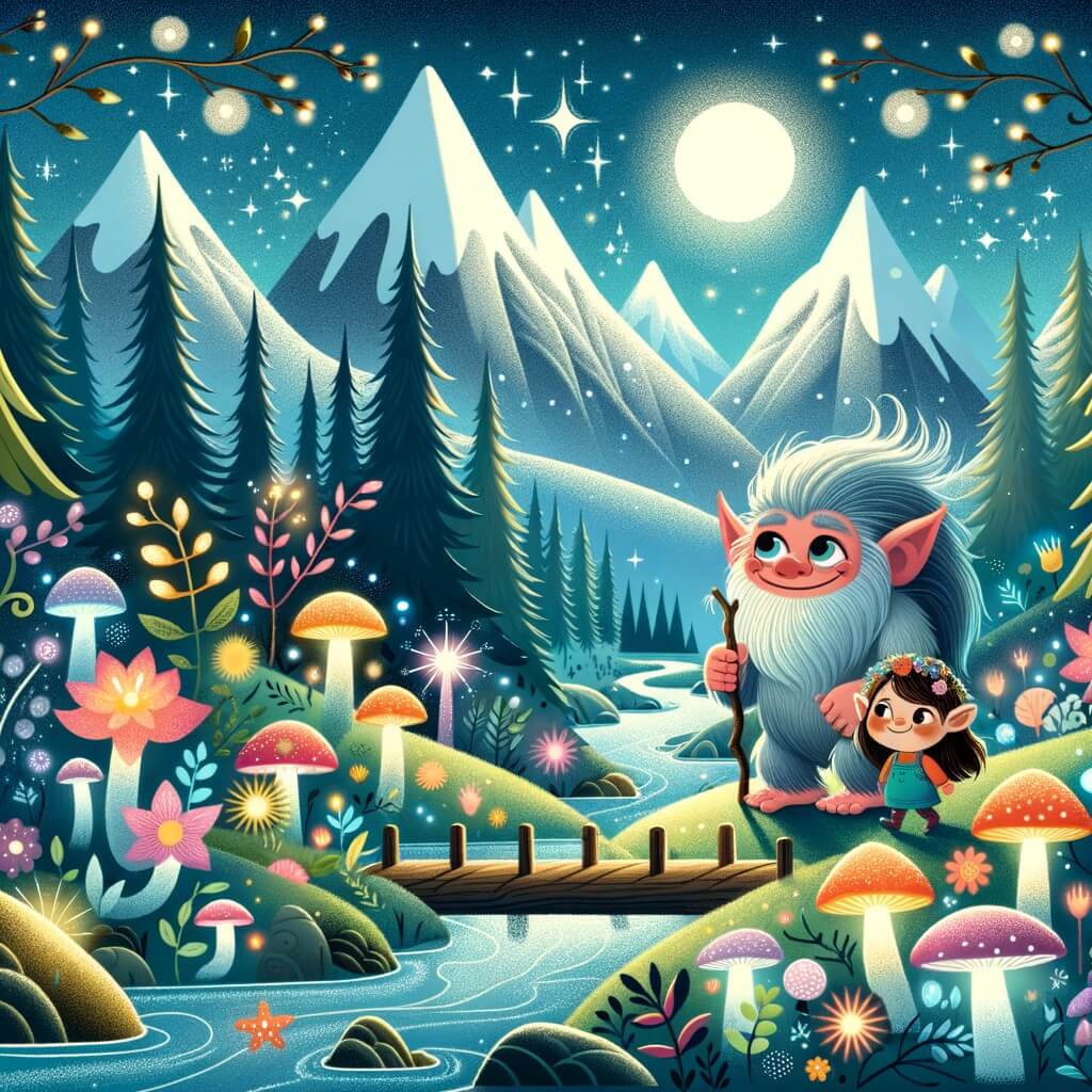 Une illustration pour enfants représentant un troll courageux se trouvant dans une forêt enchantée où il vivra une aventure extraordinaire.