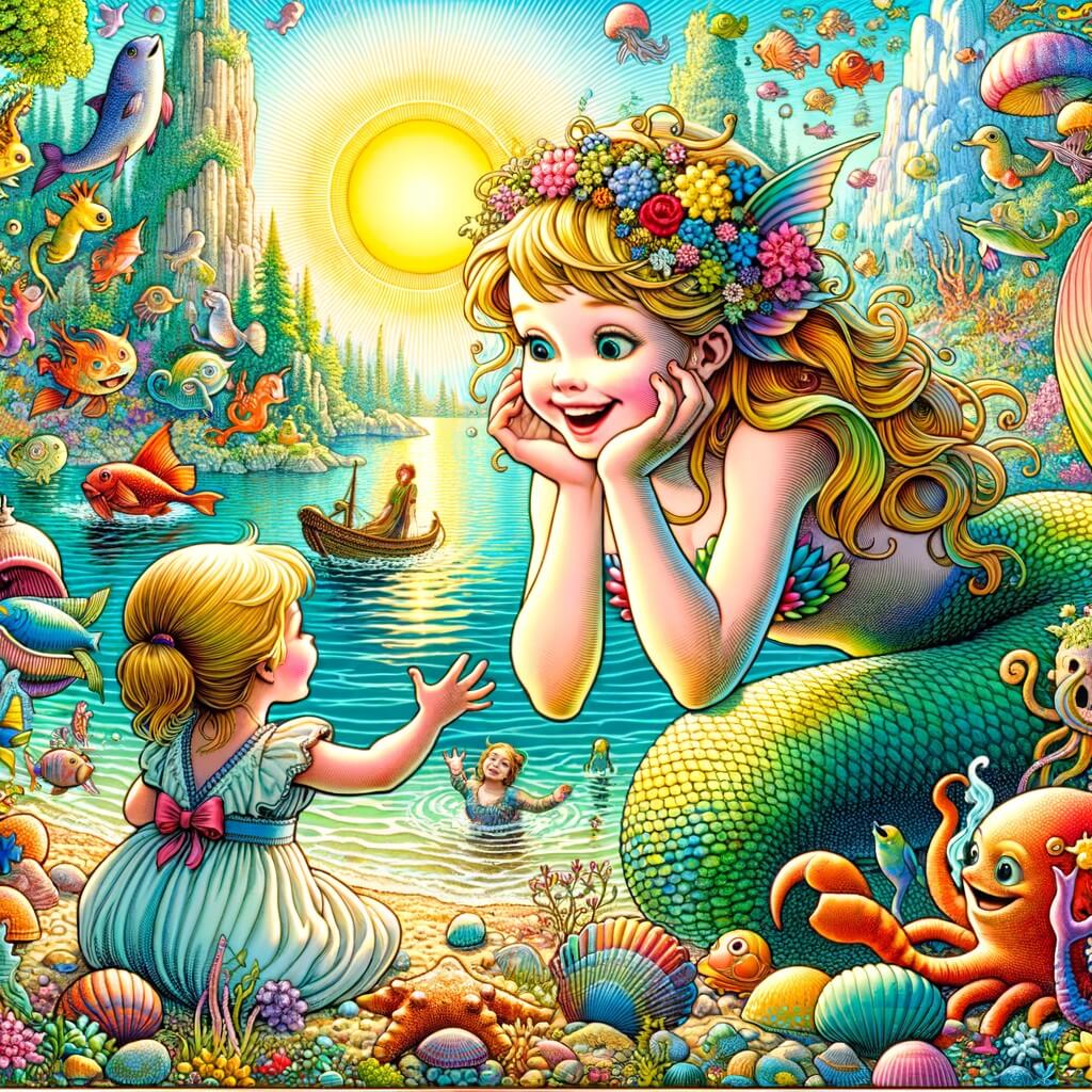 Une illustration destinée aux enfants représentant une sirène joyeuse et curieuse qui rencontre une petite fille lors d'une journée ensoleillée au bord de l'eau, entourées d'une multitude de créatures marines colorées dans un monde sous-marin enchanté.