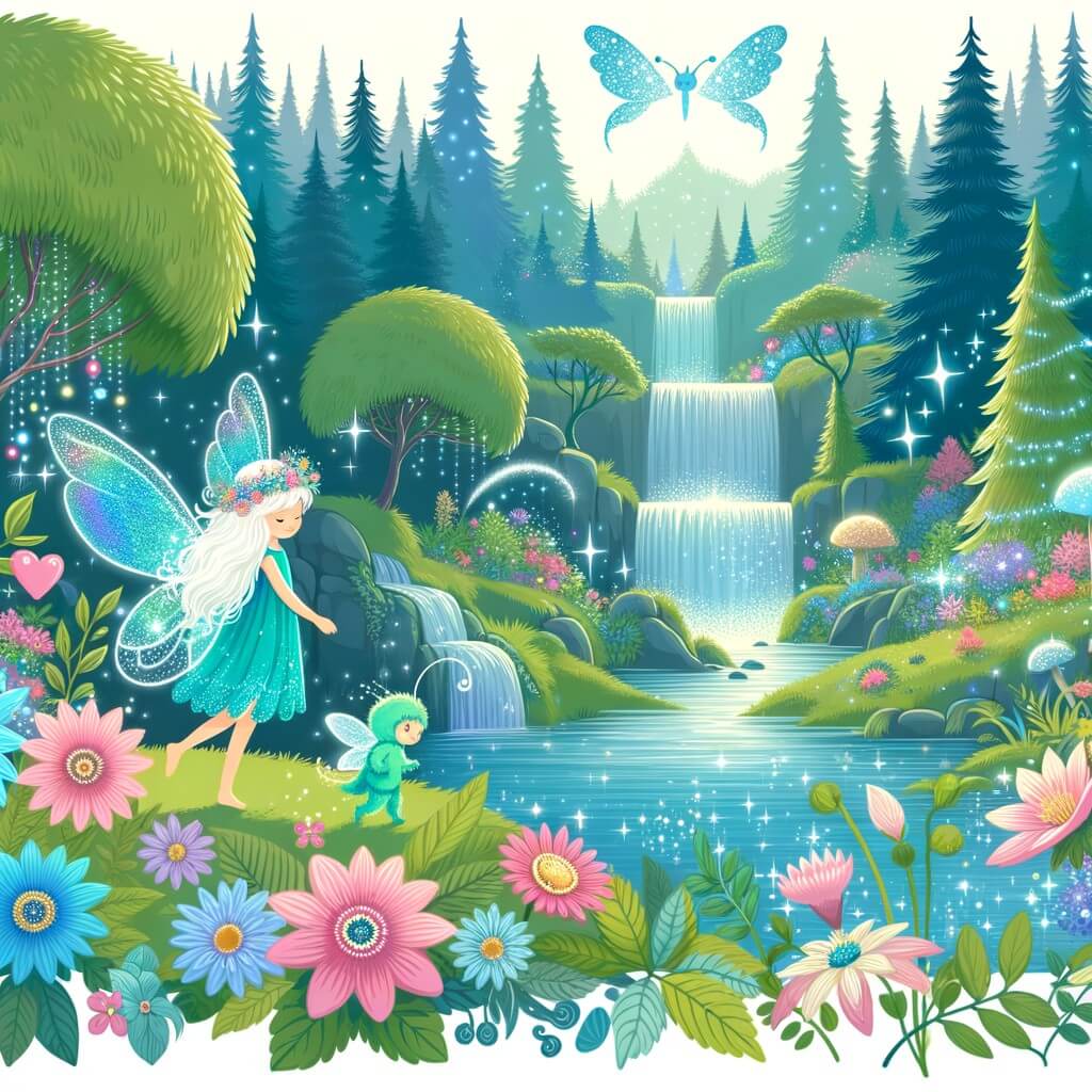 Une illustration destinée aux enfants représentant une fée étincelante, accompagnée d'un petit animal magique, explorant un royaume féerique enchanté, rempli de cascades scintillantes, d'arbres majestueux et de fleurs vibrant de couleurs chatoyantes.