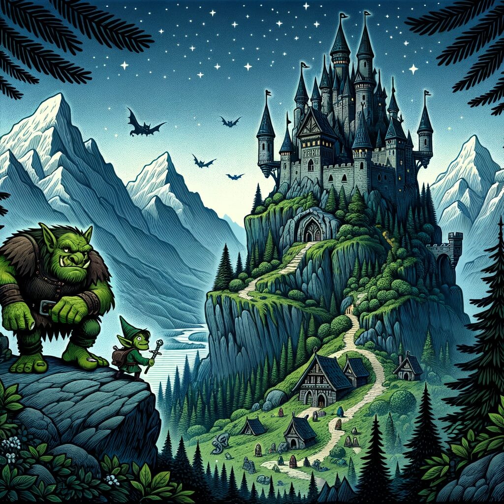Une illustration destinée aux enfants représentant un ogre bienveillant, accompagné d'un lutin malicieux, explorant un château sombre et sinistre perché au sommet d'une haute falaise, dans un royaume verdoyant entouré de majestueuses montagnes.