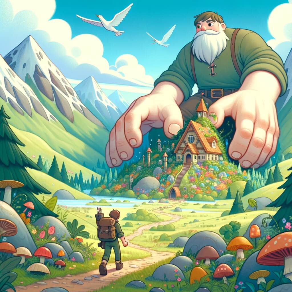 Une illustration pour enfants représentant un géant aventurier découvrant un jardin magique caché dans les montagnes.