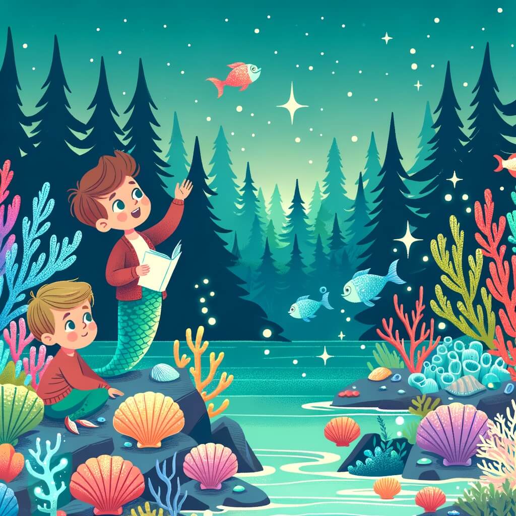 Une illustration pour enfants représentant une sirène qui guide un petit garçon dans un univers magique et merveilleux peuplé de créatures fantastiques, au bord d'un lac scintillant.