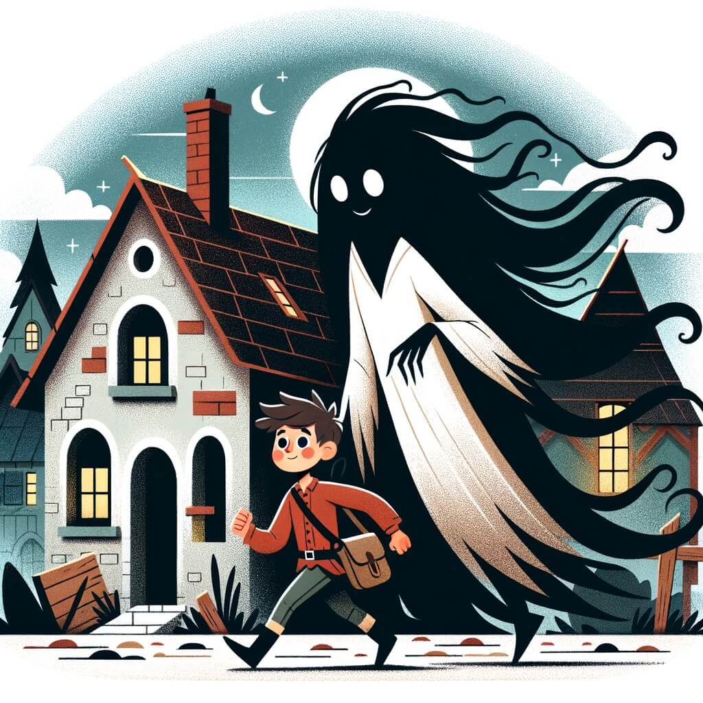 Une illustration destinée aux enfants représentant une silhouette mystérieuse aux cheveux noirs comme la nuit, évoluant dans une vieille maison abandonnée, accompagnée d'un jeune garçon courageux, au cœur d'un village enchanteur.