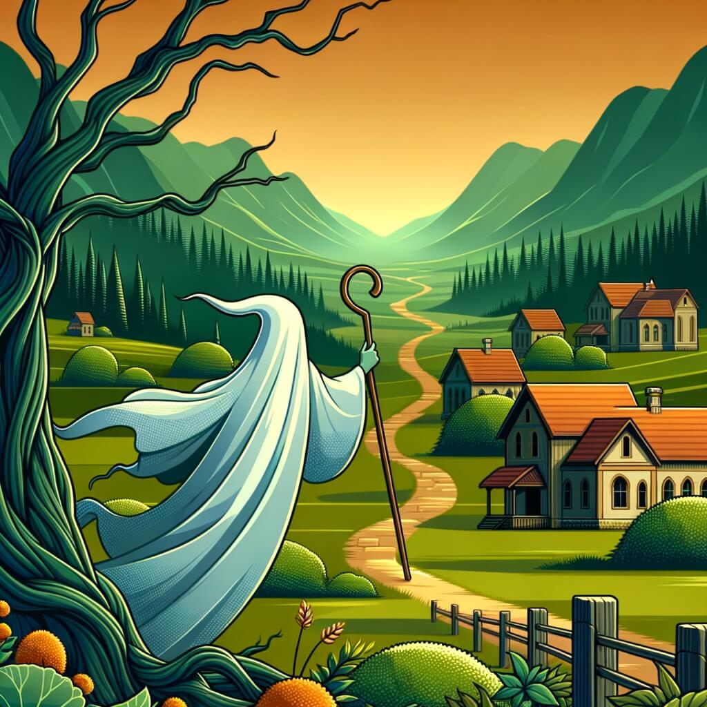 Une illustration pour enfants représentant un fantôme élégant, plongé dans une quête mystérieuse, dans un village pittoresque entouré de vallées verdoyantes.