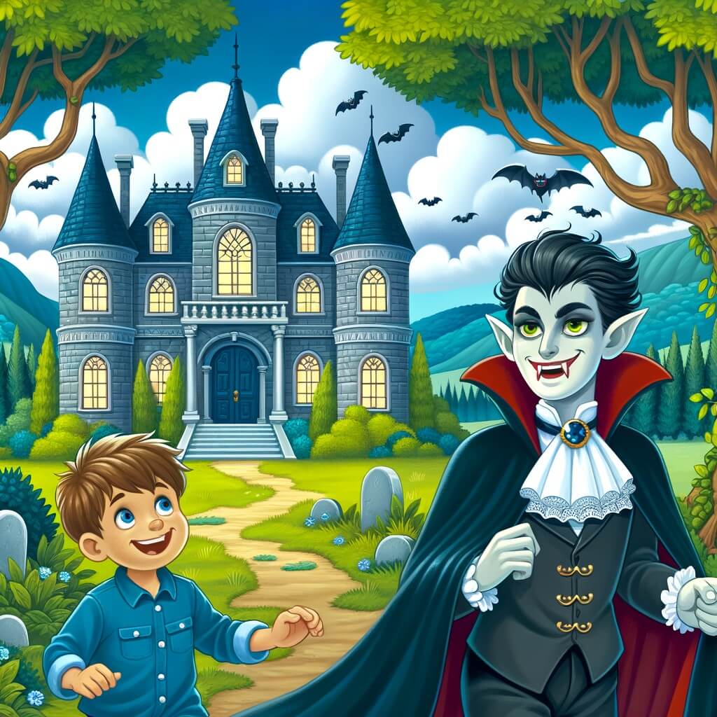 Une illustration destinée aux enfants représentant un vampire mystérieux et souriant, accompagné d'un jeune garçon curieux, explorant un somptueux manoir aux portes nuageuses, entouré de bois verdoyants et de collines paisibles.