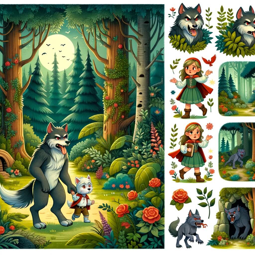 Une illustration destinée aux enfants représentant un mignon petit loup-garou perdu dans une forêt enchantée, accompagné d'une jeune fille courageuse, rencontrant des loups-garous maléfiques, dans un décor luxuriant avec des arbres majestueux, des fleurs colorées et une grotte mystérieuse.