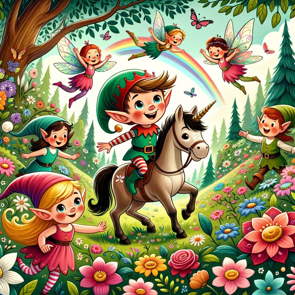 Une illustration destinée aux enfants représentant un elfe curieux et joyeux, accompagné de ses amis, explorant une forêt enchantée remplie de fleurs colorées, de fées virevoltantes et de licornes galopantes.