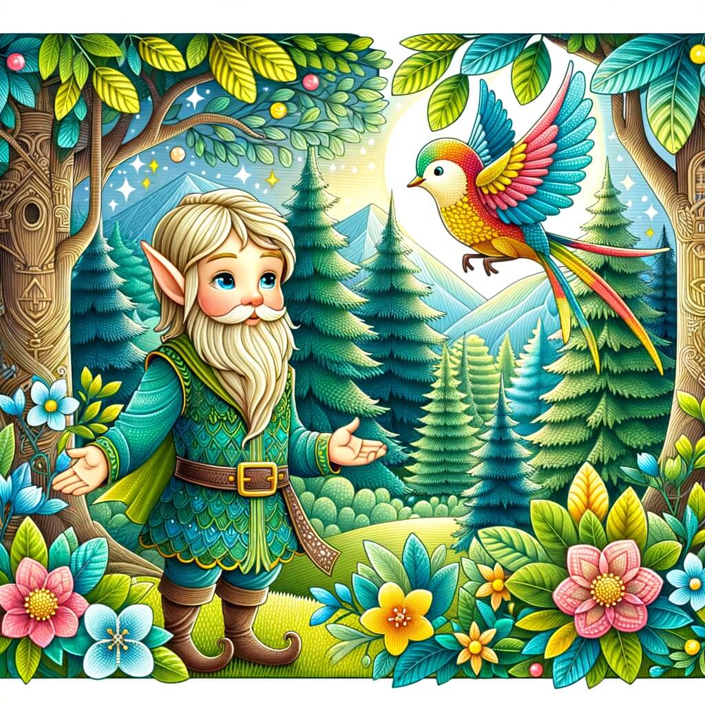 Une illustration destinée aux enfants représentant un(e) elfe bienveillant(e) se trouvant dans une forêt enchantée, accompagné(e) d'un petit oiseau coloré, entouré(e) d'arbres majestueux aux feuilles chatoyantes et de fleurs lumineuses.