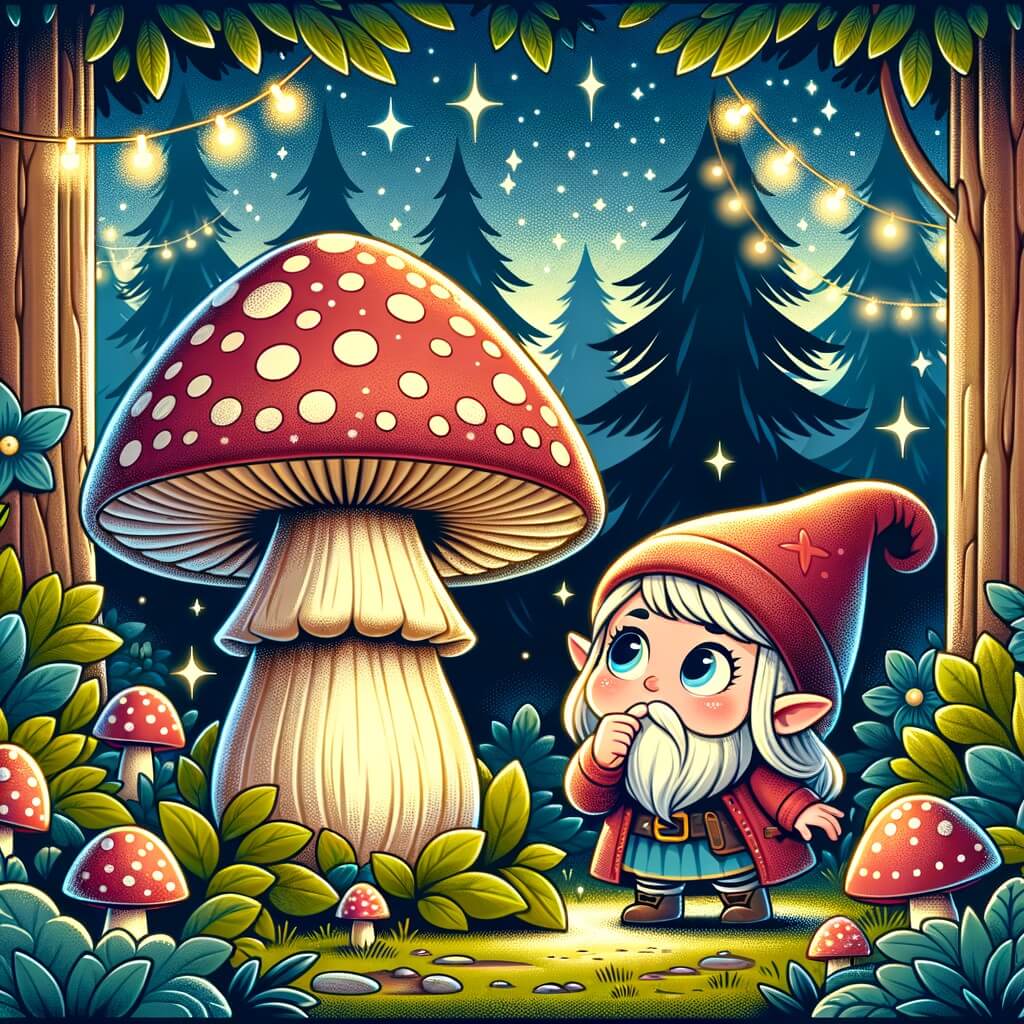 Une illustration destinée aux enfants représentant un lutin malicieux découvrant un champignon géant, accompagné d'une petite fille curieuse, dans une forêt enchantée aux arbres majestueux et aux lumières magiques scintillantes.