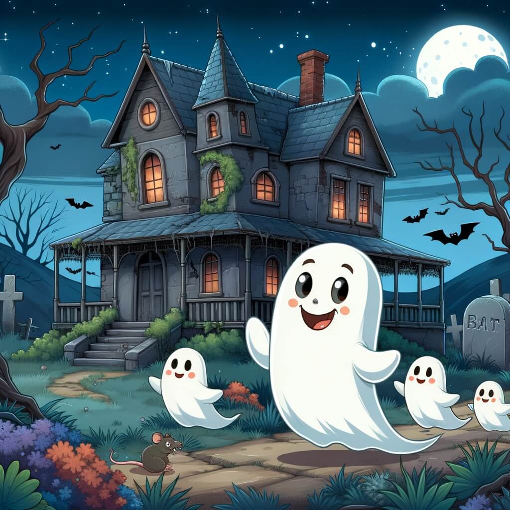 Une illustration destinée aux enfants représentant un fantôme joyeux et espiègle qui découvre une vieille maison en ruines, accompagné de ses amis fantômes, dans un paysage sombre et mystérieux peuplé de chauves-souris et de rats.