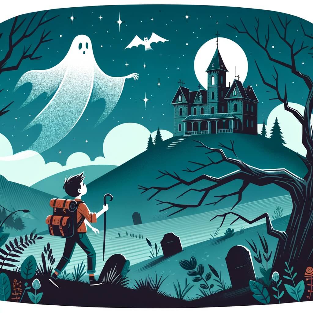 Une illustration pour enfants représentant un fantôme intrépide qui découvre les secrets d'un vieux manoir hanté situé au sommet d'une colline mystérieuse.