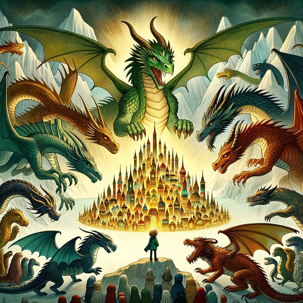 Une illustration pour enfants représentant un dragon fasciné par les humains, qui vit dans un monde fantastique où les dragons volent librement dans le ciel.