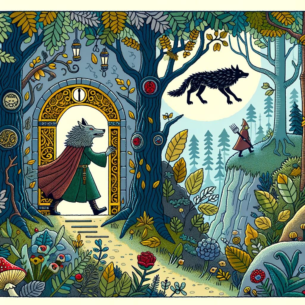 Une illustration pour enfants représentant un mystérieux loup-garou découvrant une porte secrète dans une forêt enchantée, déclenchant ainsi une quête périlleuse pour sauver ce lieu magique.